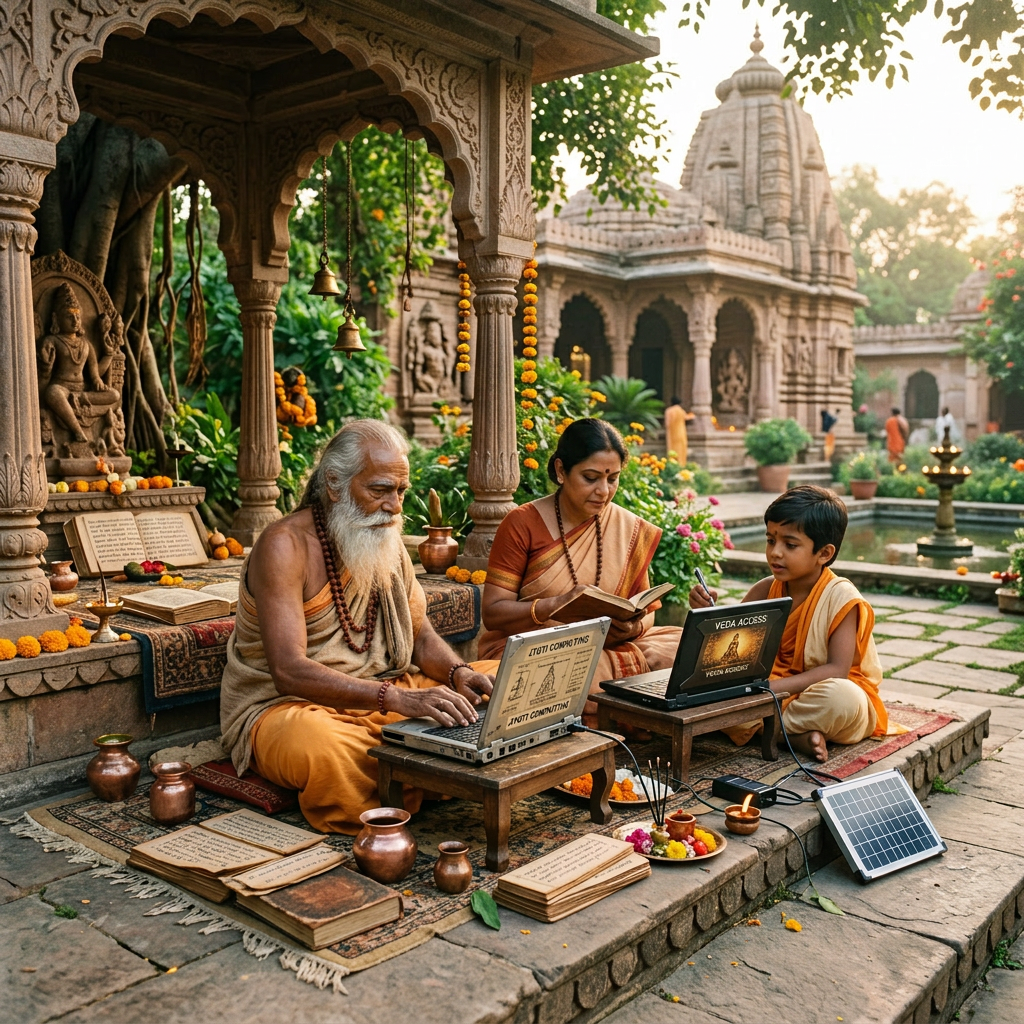 Three elderly monks sitting in a temple courtyard using laptops and reading books surrounded by ancient texts and ritual items