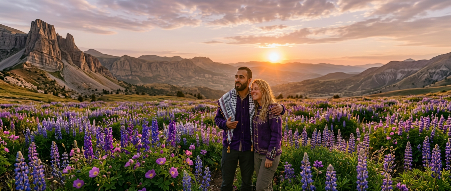 Man and woman standing together in a grassy mountain field at sunset